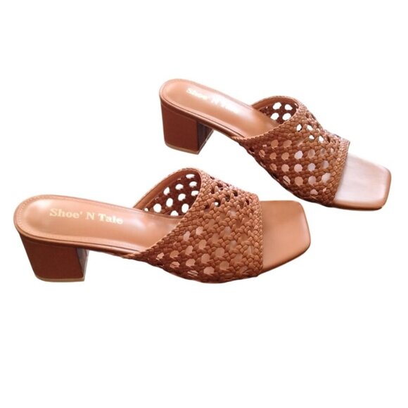 Shoe'N Tale Size 7.5 Sandals Heeled Square Open Toe Woven Mules Slip-On Slides - Picture 7 of 12